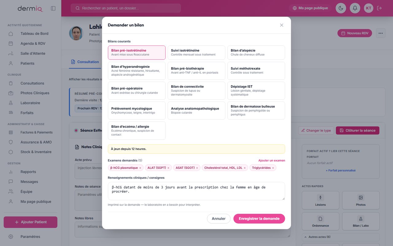 Demande d'analyses : choix du panel par indication